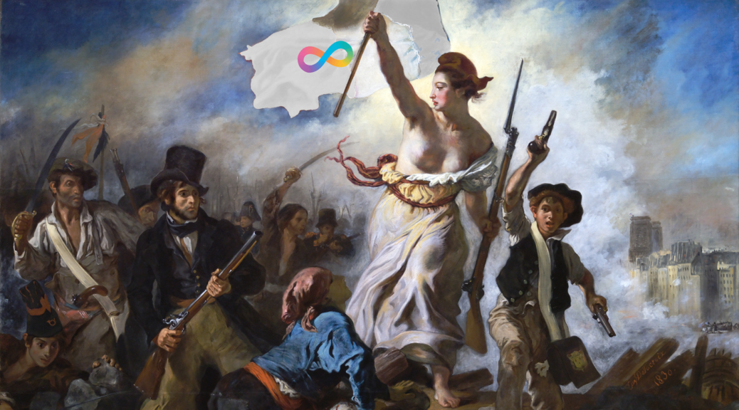 An allegorical representation of liberty, portrayed as a bare breasted white women in bright clothes, triumphantly holds aloft a neurodiversity flag leading a crowd of armed people in 19th Century period clothing over slumped bodies.